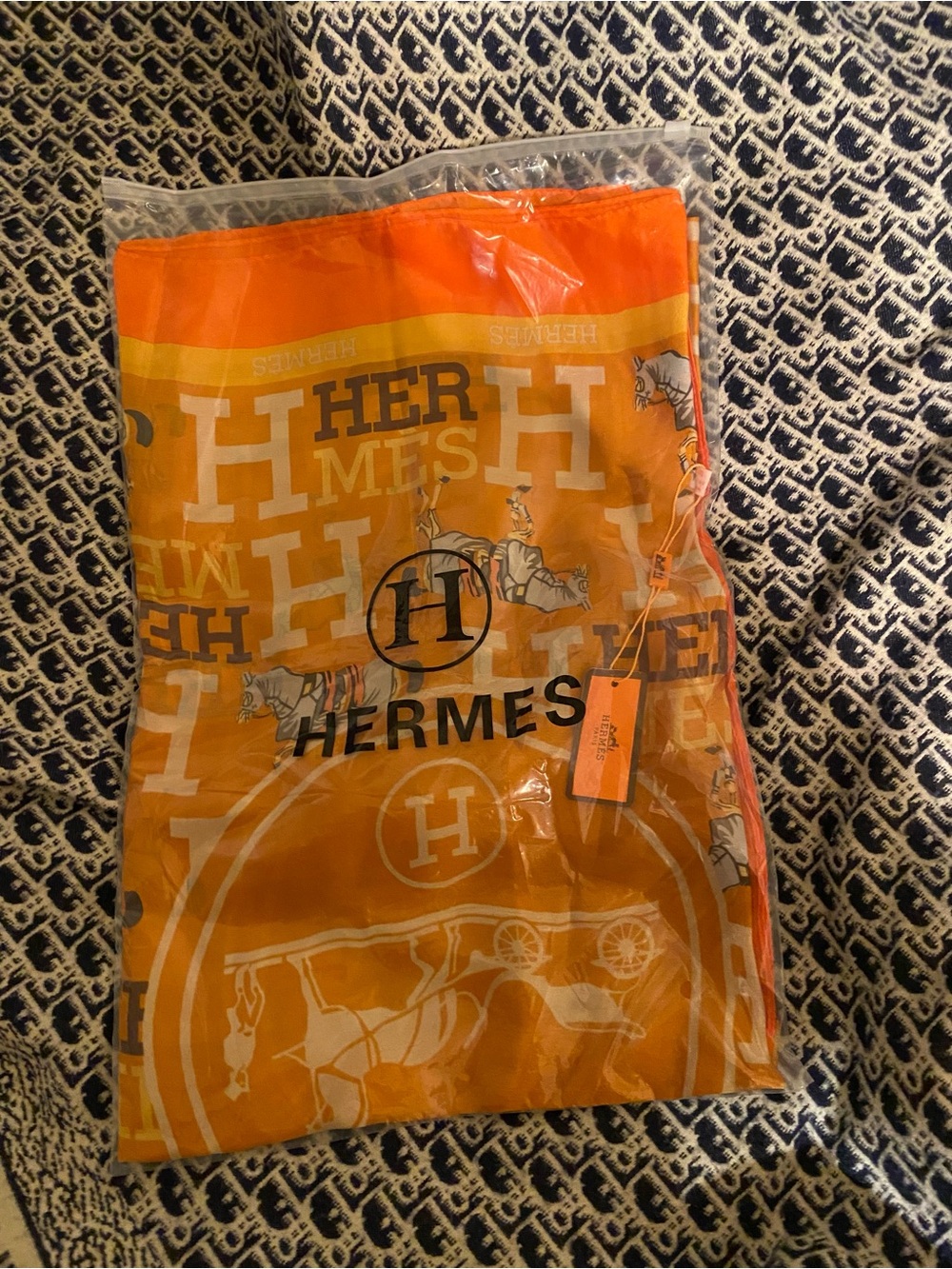 Hermes Orange and Yellow Logo Silk Scarf